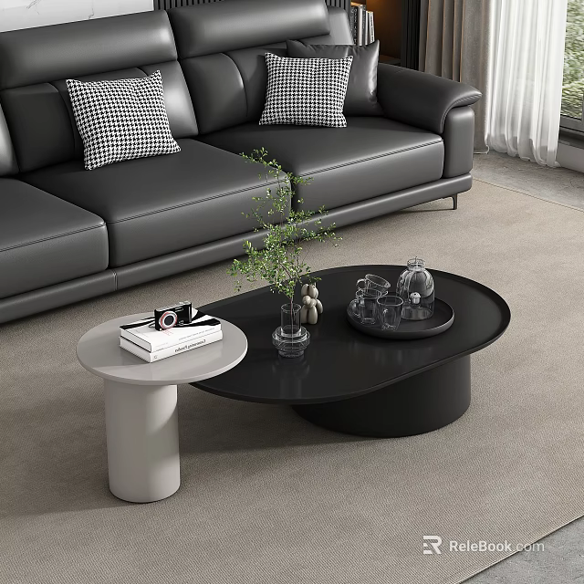 Modern Living Room Black And White Coffee Table Combination With Tray Green Plant Decorations 3d model 