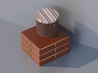 Brown Square Storage Box With Drawers And Golden Clasps Topped With Round Striped Lid Box 3d model