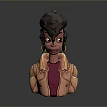 3D Stylized Character With Curly Dark Hair Beige Jacket And Pink Top Design