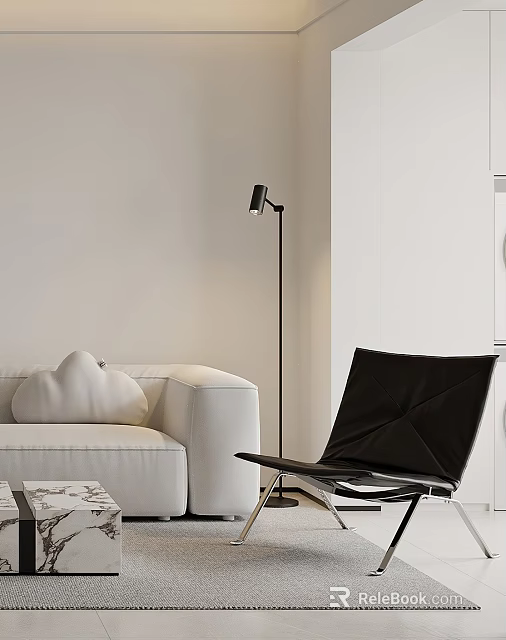 Black Leisure Chair In Modern Living Room With White Sofa And Floor Lamp 3d model 