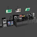 Modern Commercial Beverage Station With Hanging Display Screens Coffee Machines And Storage Cabinets