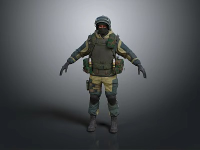 A Man Wearing Military Uniform Helmet Goggles Tactical Vest And Camouflage Clothing On Gray Background 3d model