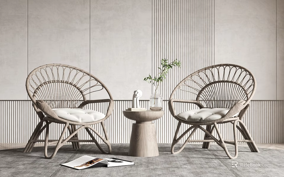 Modern Rattan Round Chairs And Small Table With Vase Plant Magazines Against Gray Striped Wall 3d model 