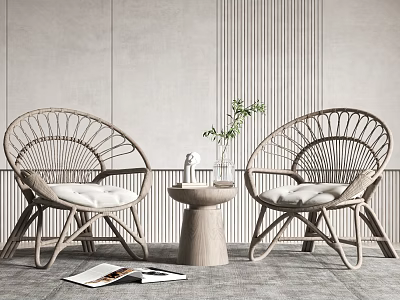 Modern Rattan Round Chairs And Small Table With Vase Plant Magazines Against Gray Striped Wall 3d model