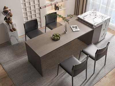 Modern Wooden Dining Table Set With Black Chairs And Marble Top Decorative Items 3d model