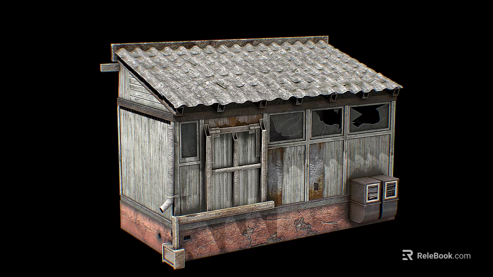 Old Wooden Building With Weathered Tile Roof Aged Walls Broken Windows And Brick Base 3d model 