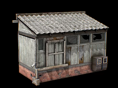 Old Wooden Building With Weathered Tile Roof Aged Walls Broken Windows And Brick Base 3d model
