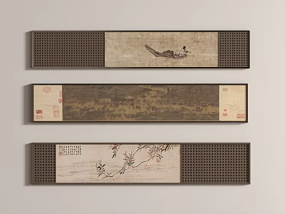 Three Long Scroll Traditional Chinese Paintings with Dark Frames on Light Wall 3d model