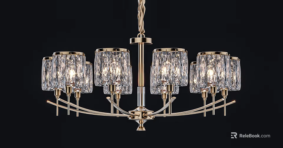 Elegant Illuminated Chandelier With Transparent Glass Shades And Golden Metal Frame 3d model 