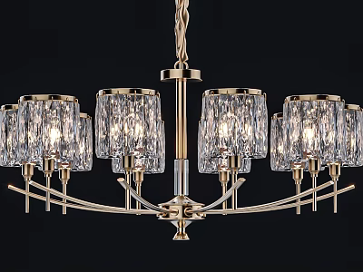 Elegant Illuminated Chandelier With Transparent Glass Shades And Golden Metal Frame 3d model
