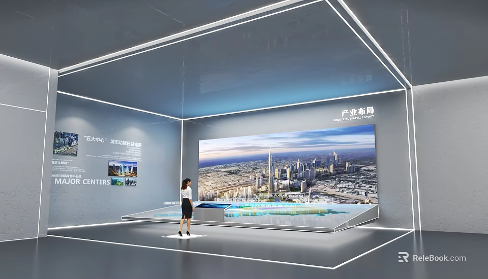 Modern Exhibition Hall Featuring Urban City Model Large Display Screen And Female Staff 3d model 
