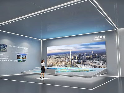 Modern Exhibition Hall Featuring Urban City Model Large Display Screen And Female Staff 3d model