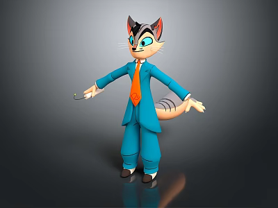 3D Game Movie Cat Character In Blue Suit With Orange Tie Striped Tail Standing Pose 3d model