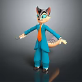 3D Game Movie Cat Character In Blue Suit With Orange Tie Striped Tail Standing Pose