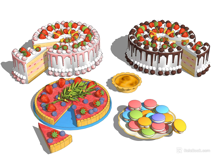 Assorted Desserts Featuring Strawberry Cream Cake Chocolate Ganache Cake Fruit Tart And Colorful Macarons 3d model 
