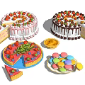 Assorted Desserts Featuring Strawberry Cream Cake Chocolate Ganache Cake Fruit Tart And Colorful Macarons