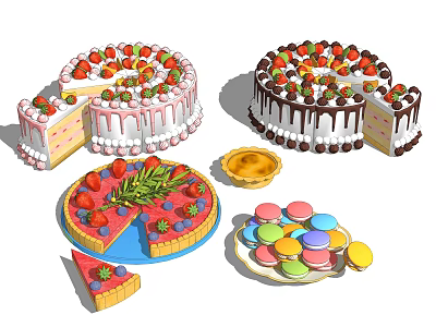 Assorted Desserts Featuring Strawberry Cream Cake Chocolate Ganache Cake Fruit Tart And Colorful Macarons 3d model