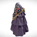 Purple Dress With Fitted Waist Layered Skirt White Lace Collar And Colorful Floral Sleeves