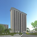 Modern High Rise Residential Building With Green Trees And Clear Blue Sky