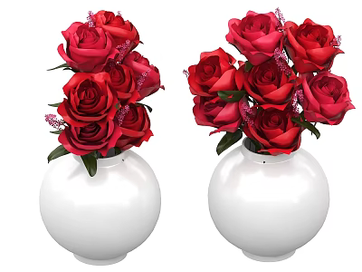 Two White Vases With Red Roses Decorative Flower Arrangement For Home Decor 3d model
