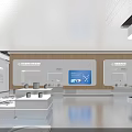 Modern Exhibition Hall With White Display Stands Digital Screens And Blue Pendant Lights