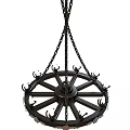 Vintage Wheel Shaped Black Metal Chandelier With Hanging Chains And Decorative Spikes