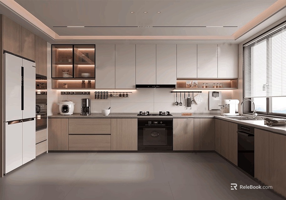 Elegant Modern Kitchen Interior With Island Countertop Cabinets And Appliances 3d model 