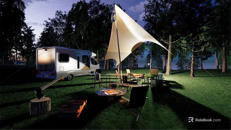 Garden Landscape With Camper Van White Canopy Green Lawn Trees And Outdoor Fire Pit 3d model 