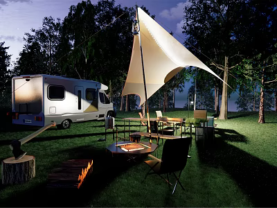Garden Landscape With Camper Van White Canopy Green Lawn Trees And Outdoor Fire Pit 3d model