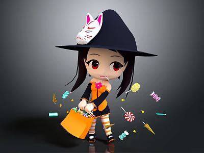 Cartoon Witch Game Character Black Hat White Cat Face Orange Candy Bag Lollipops And Sweets 3d model