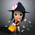 Cartoon Witch Game Character Black Hat White Cat Face Orange Candy Bag Lollipops And Sweets