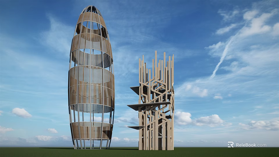 Modern Wooden Towers With Spiral And Layered Designs Against Blue Sky 3d model 