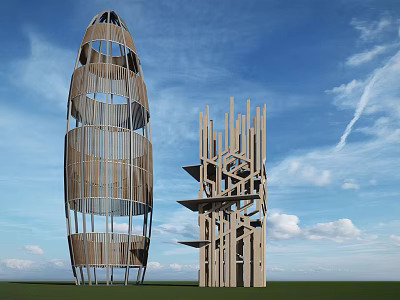 Modern Wooden Towers With Spiral And Layered Designs Against Blue Sky 3d model