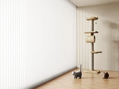 Multi Level Cat Tree in Room Corner with Wooden Floor White Blinds and Small Cat 3d model