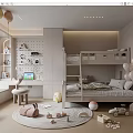 Cheerful Kids Room Interior Design With Bunk Bed Desk Toys Pastel Balloons And Round Rug