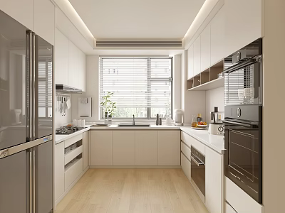 Modern Kitchen Interior With White Cabinets Stainless Steel Appliances And Light Wood Flooring 3d model