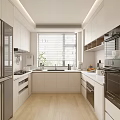 Modern Kitchen Interior With White Cabinets Stainless Steel Appliances And Light Wood Flooring