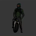 Futuristic Helmeted Figure Standing Beside Sleek Motorcycle With Green Armor And Black Wheels