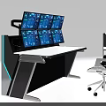 Modern Office Desk With Multiple Monitors White Chair And Cabinet On Blue Background
