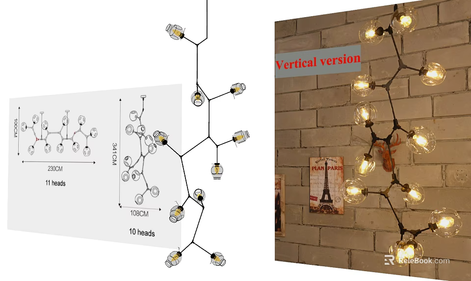 Modern Vertical Branch Chandelier With 10 Illuminated Heads For Industrial Interior Spaces 3d model 