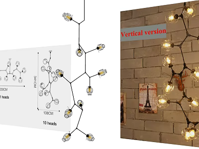 Modern Vertical Branch Chandelier With 10 Illuminated Heads For Industrial Interior Spaces 3d model
