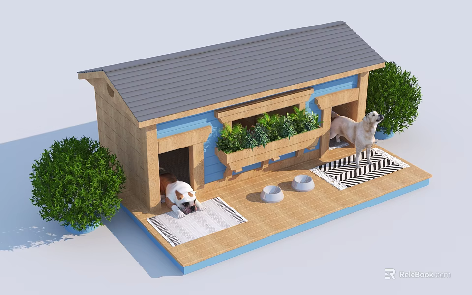 Wooden Dog House With Gray Roof Blue Accents Green Plants And Two Dogs 3d model 