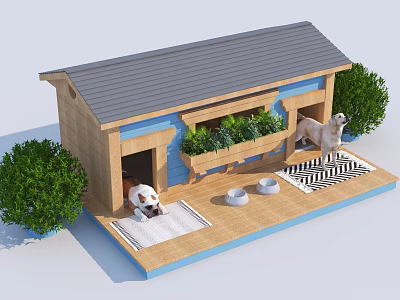 Wooden Dog House With Gray Roof Blue Accents Green Plants And Two Dogs 3d model