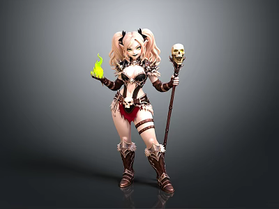 Fantasy Female Character Design With Twin Ponytails Horns Skull Staff And Green Flame 3d model