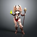 Fantasy Female Character Design With Twin Ponytails Horns Skull Staff And Green Flame