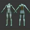 Silver Futuristic Bodysuit With Green Accent Lines And Metallic Shine Front Back Views