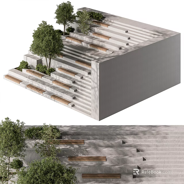 Modern Outdoor Concrete Staircase With Trees Greenery And Wooden Steps 3d model 
