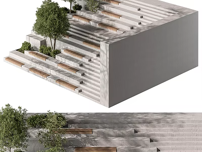Modern Outdoor Concrete Staircase With Trees Greenery And Wooden Steps 3d model