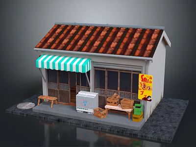 Cartoon Small Shop With Red Tile Roof Green White Striped Awning Doorway Bench And Signboard 3d model