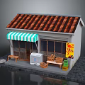 Cartoon Small Shop With Red Tile Roof Green White Striped Awning Doorway Bench And Signboard